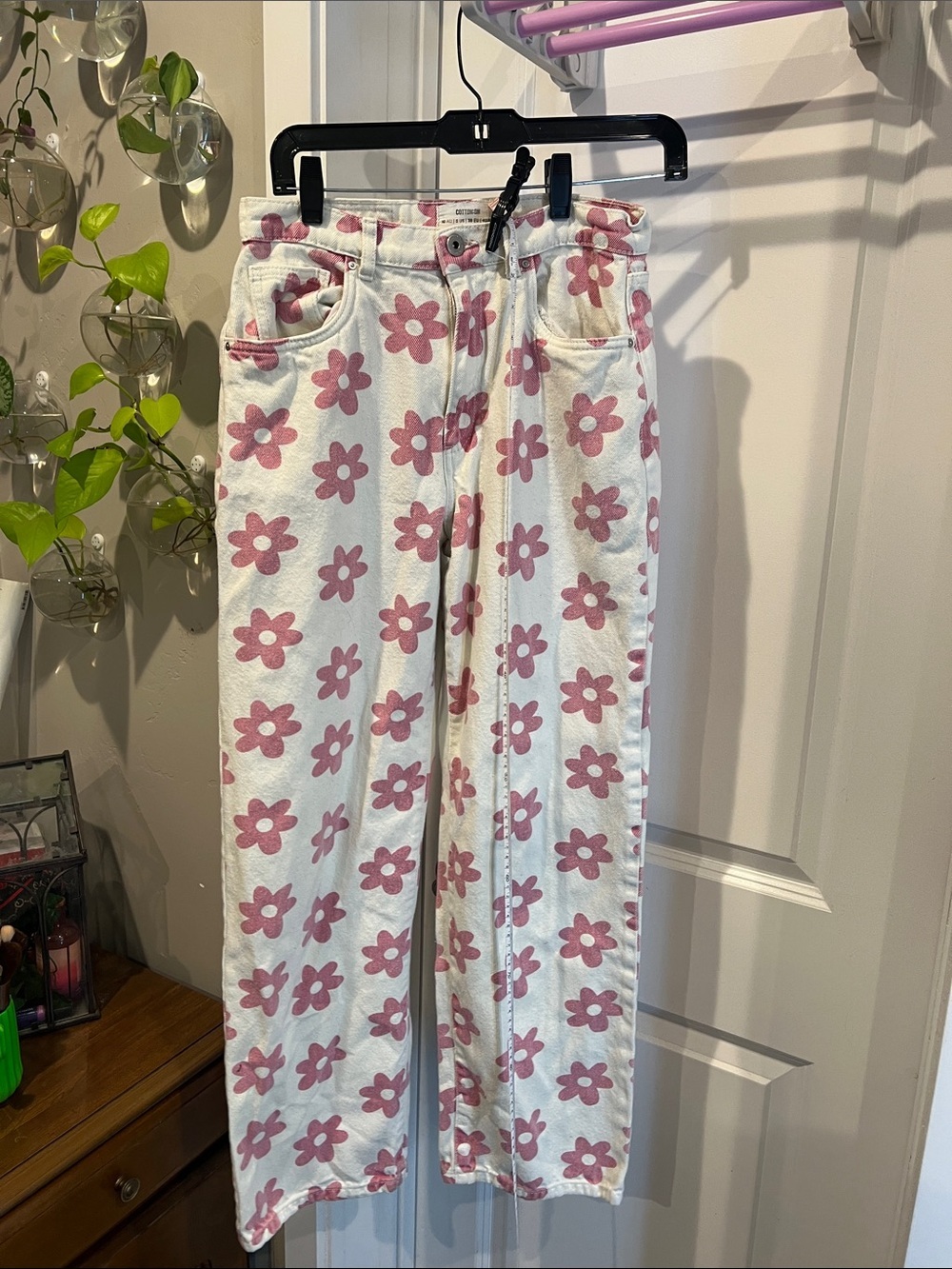Cotton On White Straight Leg Jeans with Pink Floral Print